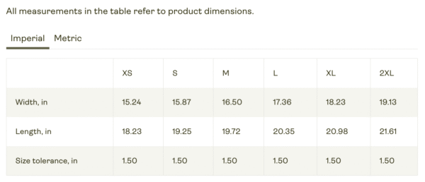 Bella+Canvas Size Guide Imperial